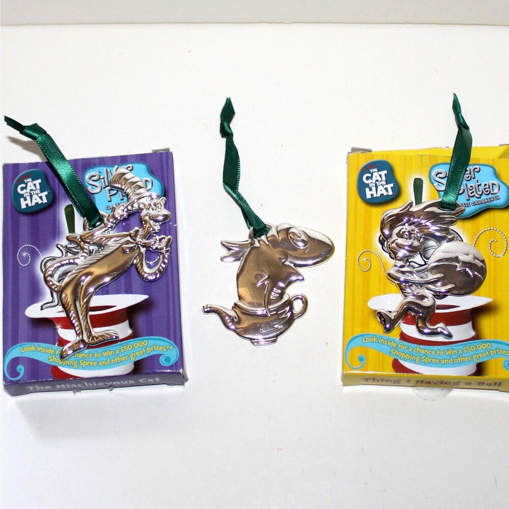Lot of 3 Dr Seuss Cat In The Hat Christmas Ornaments Silver Plated Thing 1